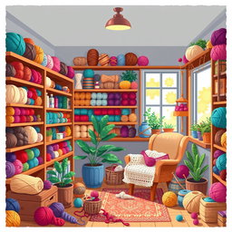 A vibrant pixel art scene depicting a cozy yarn shop filled with colorful skeins of yarn in various textures and hues
