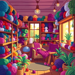 A vibrant pixel art scene depicting a cozy yarn shop filled with colorful skeins of yarn in various textures and hues
