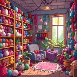 A vibrant pixel art scene depicting a cozy yarn shop filled with colorful skeins of yarn in various textures and hues