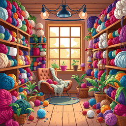 A vibrant pixel art scene depicting a cozy yarn shop filled with colorful skeins of yarn in various textures and hues