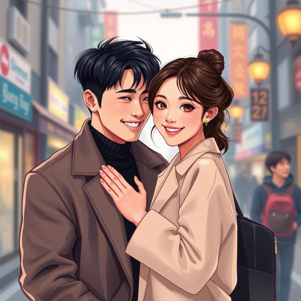 In a semi-realistic style, depict a Korean man named Min-woo, aged 28, confidently making a bold move to keep close to Soo-ah, a woman also aged 28