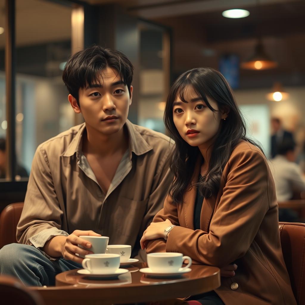 A semi-realistic scene depicting Ji-hoon, a 30-year-old Korean man, displaying unusual behavior around Soo-ah, a 28-year-old woman