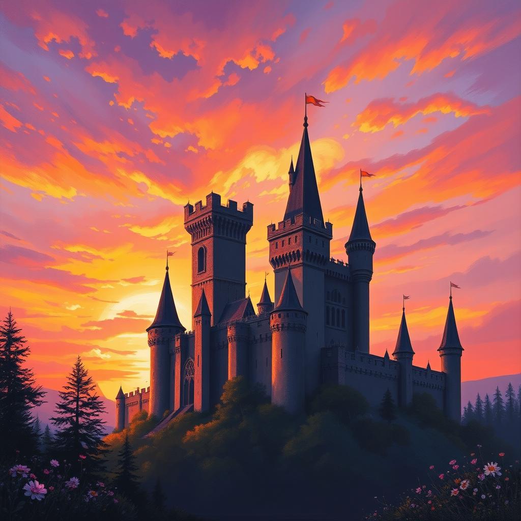 A majestic medieval castle silhouetted against the vibrant colors of a sunset, depicted in an oil painting style