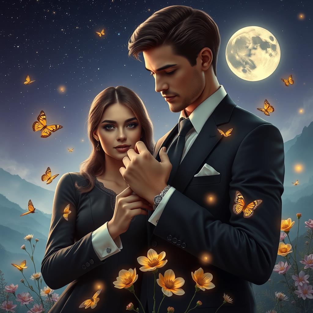 A man in a tailored suit gracefully holding a woman's wrist, showcasing a beautifully crafted band that he made himself