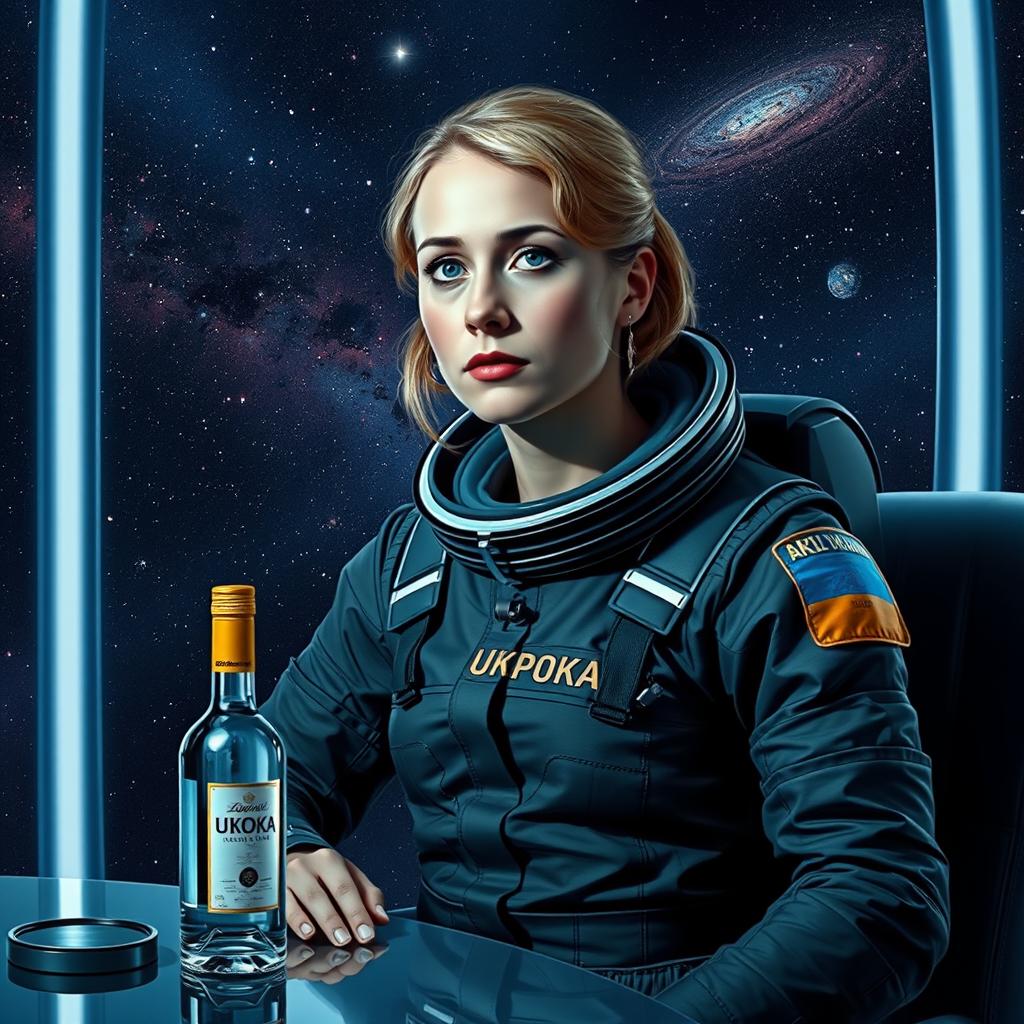 A portrait of the Ukrainian poetess Lesya Ukrainka, depicted in a spacesuit, confidently posing in a modern, futuristic environment