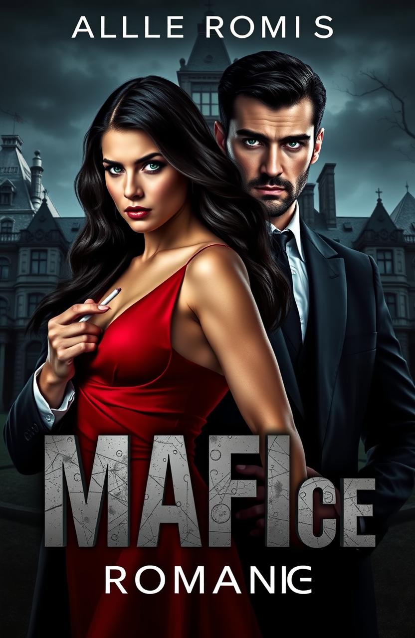 A dark mafia romance book cover featuring a dominant, ruthless man with piercing green eyes dressed in a sleek black suit, confidently holding a cigarette