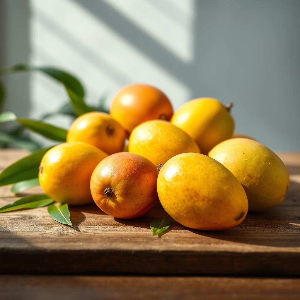 A vibrant still life composition featuring an assortment of ripe and juicy mangoes, beautifully arranged on a textured wooden table