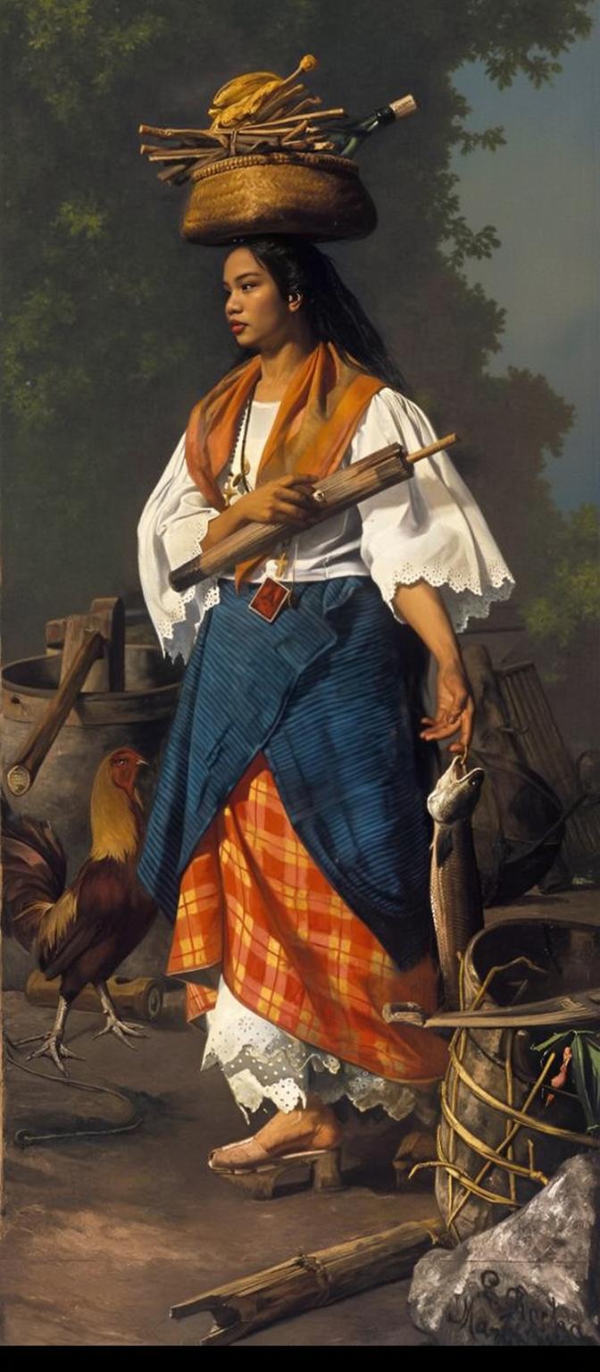 A woman wearing traditional attire with a colorful shawl and a hat adorned with baskets on her head, standing confidently