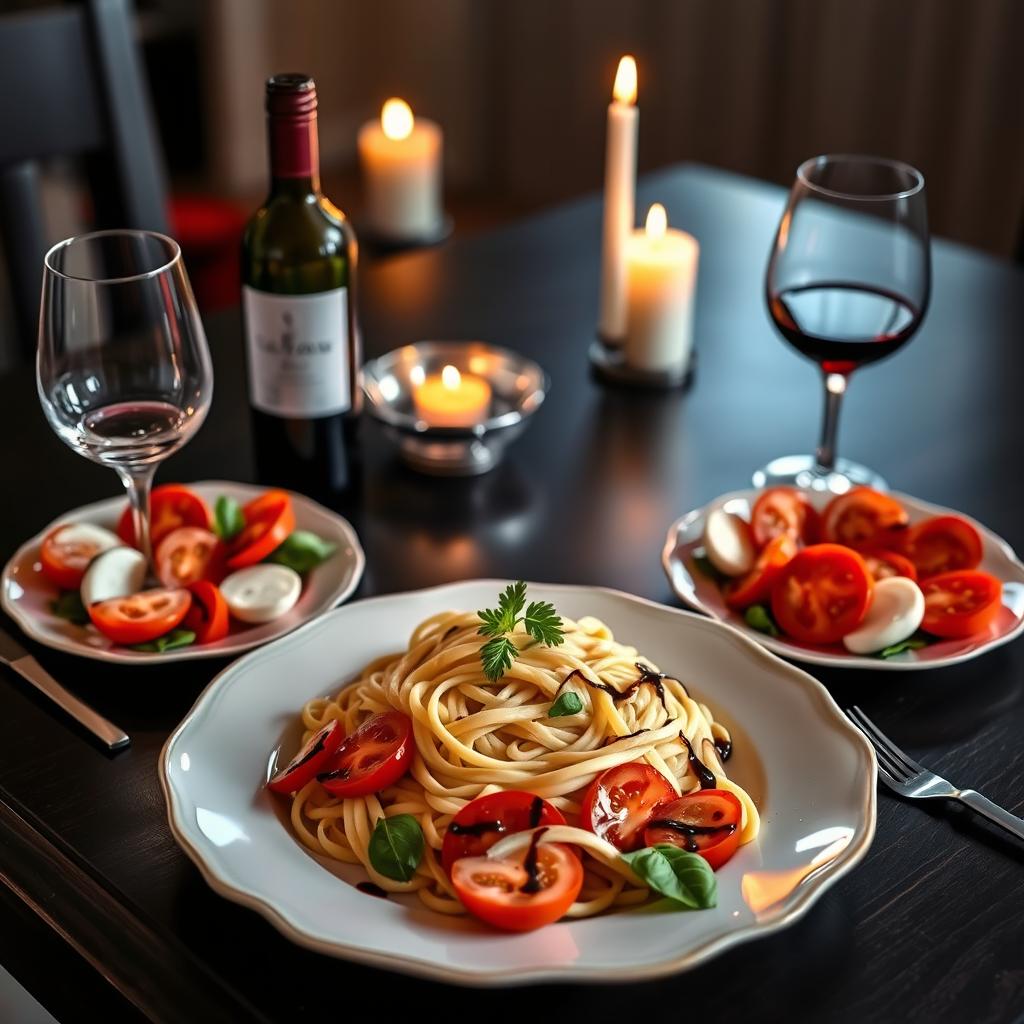 A beautifully arranged dinner table set for three, featuring an exquisite selection of food for a romantic Valentine's dinner