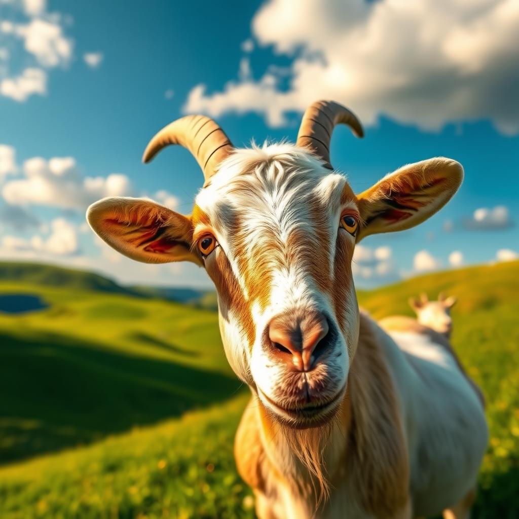 A realistic, detailed close-up of a goat standing on a lush green hillside