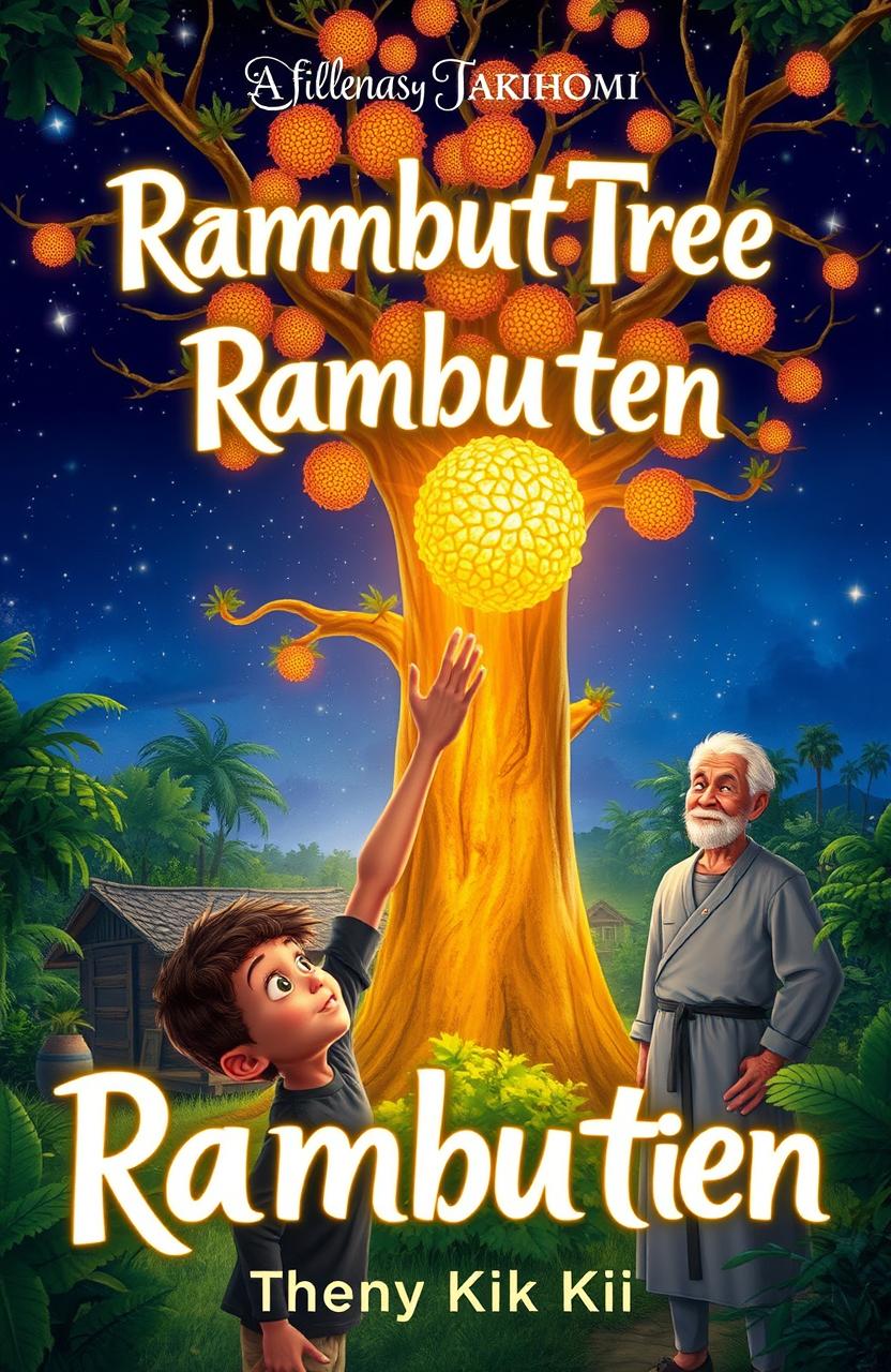 A majestic glowing rambutan tree stands tall in a peaceful village setting, bathed in soft, enchanting light