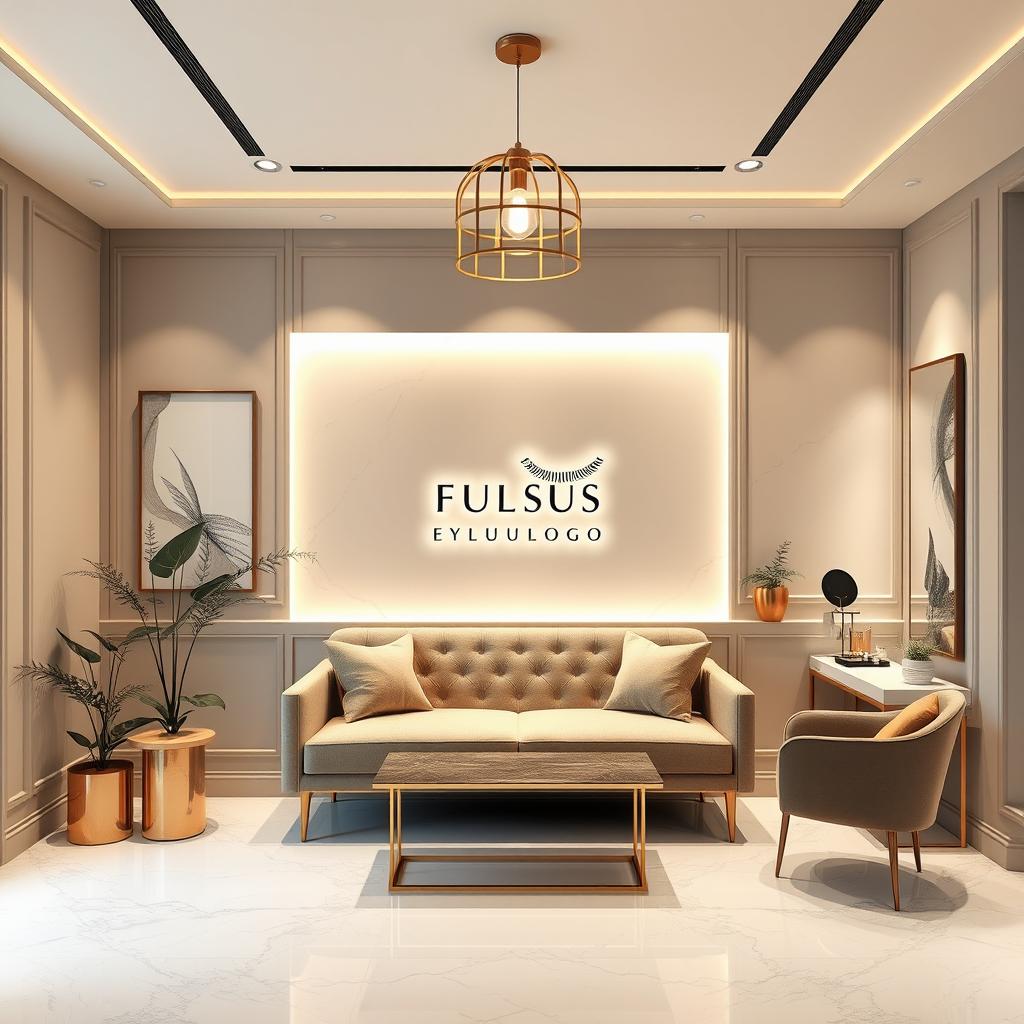 An elegant and minimalist eyelash studio interior design concept featuring a harmonious color palette with modern details