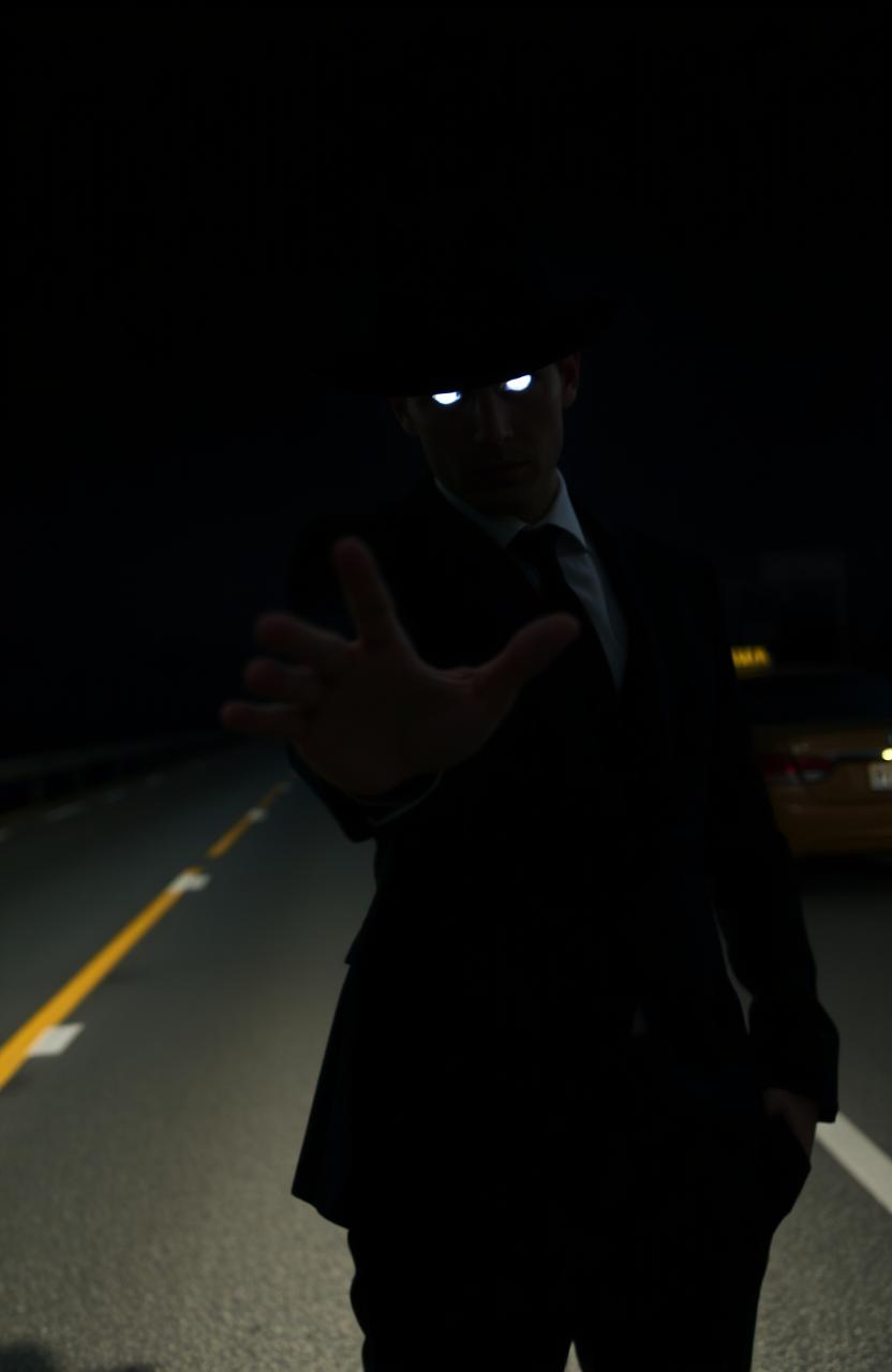 A mysterious man in a stylish suit and hat stands confidently on a dark highway, extending his hand forward