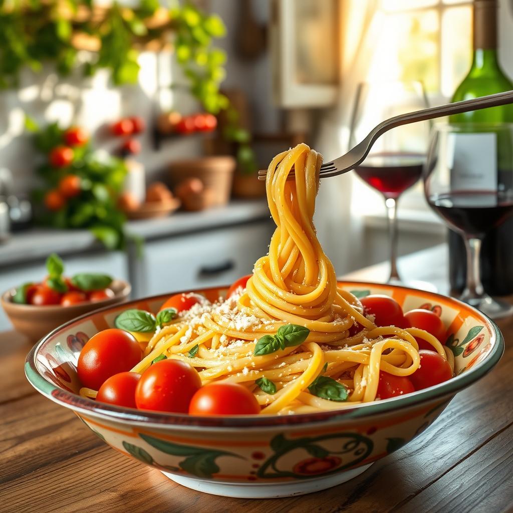 A colorful plate of freshly made pasta adorned with cherry tomatoes, basil, and grated parmesan cheese