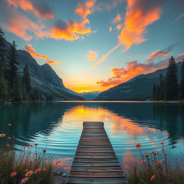 A serene landscape depicting a tranquil lake surrounded by majestic mountains