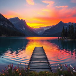 A serene landscape depicting a tranquil lake surrounded by majestic mountains