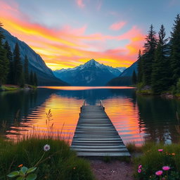 A serene landscape depicting a tranquil lake surrounded by majestic mountains