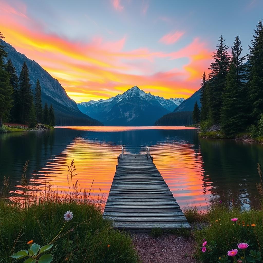 A serene landscape depicting a tranquil lake surrounded by majestic mountains