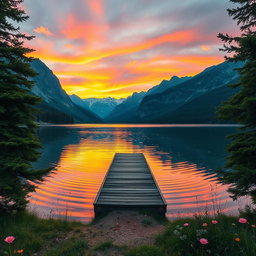 A serene landscape depicting a tranquil lake surrounded by majestic mountains