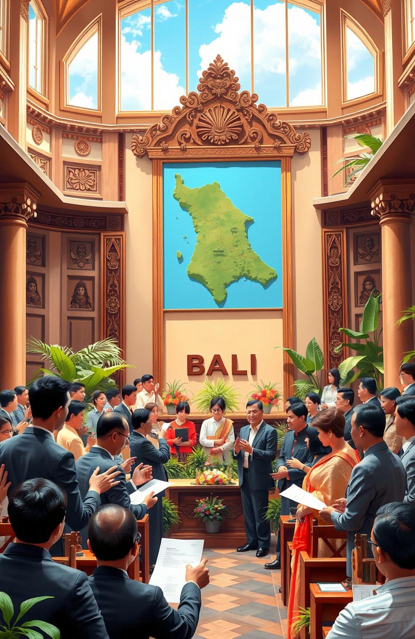 A vibrant depiction of local politics in Bali province, showcasing a bustling government session with politicians passionately discussing issues