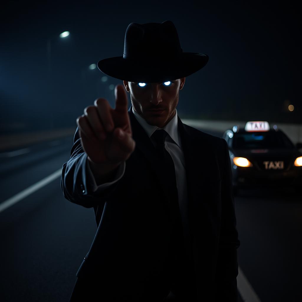 A mysterious man in a stylish suit and hat stands confidently on a dark highway, extending his hand forward