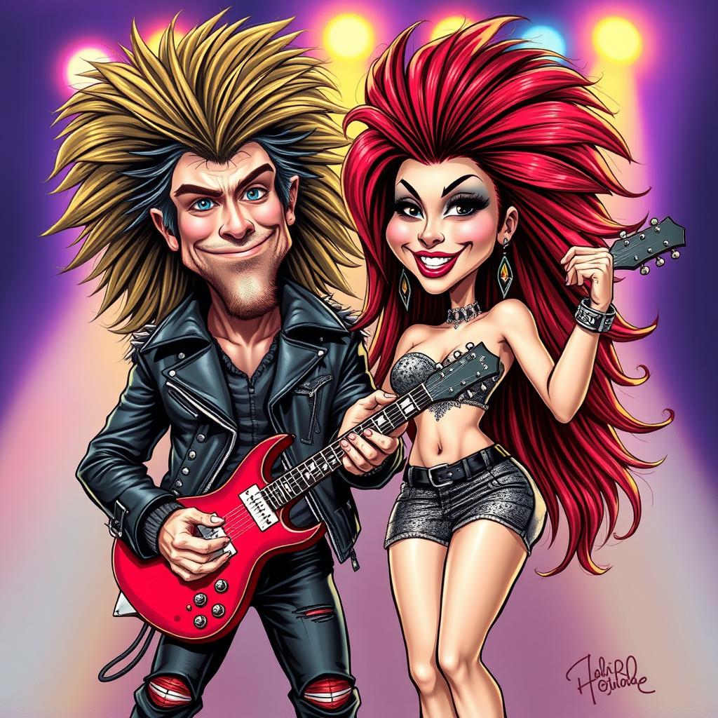 A fun and exaggerated caricature of a hair metal couple, featuring over-the-top hairstyles with big, wild hair and vibrant colors