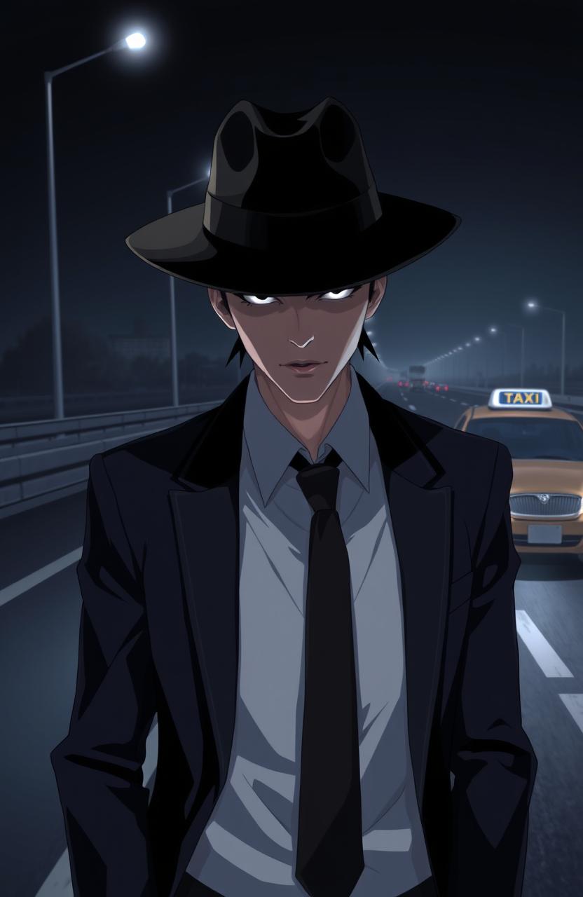 A mysterious man wearing a stylish hat and a well-fitted suit stands confidently on a dark highway