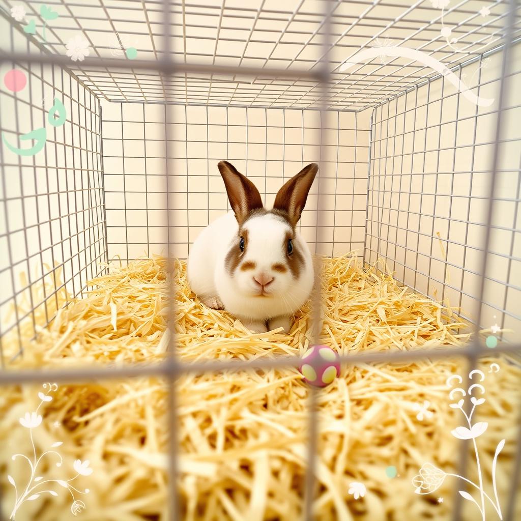 A spacious cage filled with soft straw, featuring a relaxed white and brown furry rabbit sitting comfortably inside