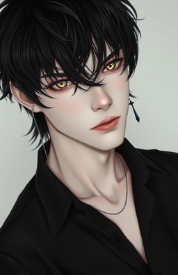 A male figure with black, wavy, slightly messy hair falling over his eyes