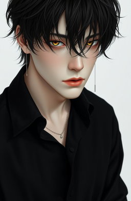 A male figure with black, wavy, slightly messy hair falling over his eyes