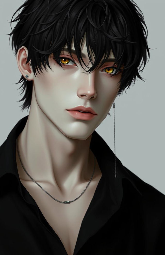 A male figure with black, wavy, slightly messy hair falling over his eyes