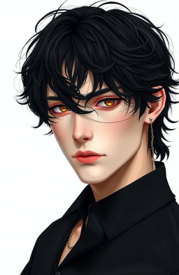 A male figure with black, wavy, slightly messy hair falling over his eyes