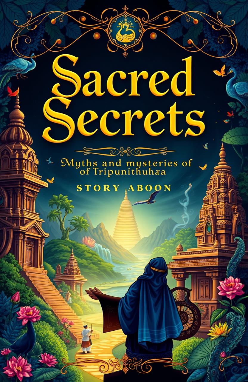 A mystical and enchanting cover page for a storybook titled 'Sacred Secrets: Myths and Mysteries of Tripunithura