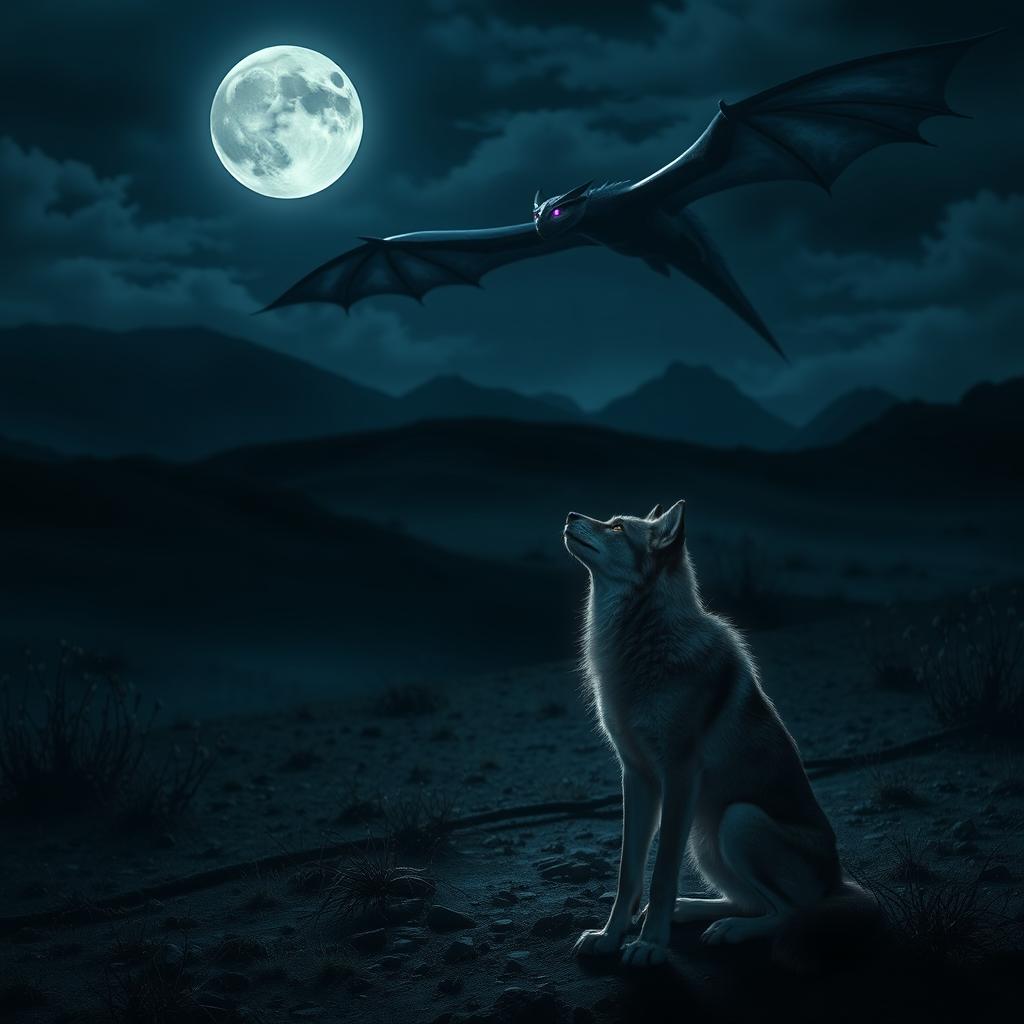 A stunning night scene featuring a lone wolf on the ground, gazing up with amber eyes