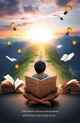 A thoughtful and inspiring scene depicting the essence of learning and achieving dreams, featuring an open book titled '99 Pembelajaran Bermanfaat' with a backdrop of a serene landscape