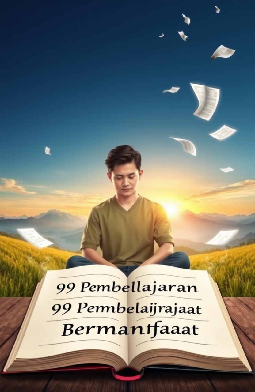 A thoughtful and inspiring scene depicting the essence of learning and achieving dreams, featuring an open book titled '99 Pembelajaran Bermanfaat' with a backdrop of a serene landscape
