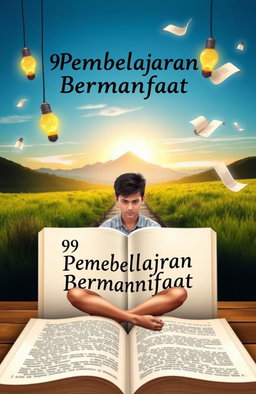 A thoughtful and inspiring scene depicting the essence of learning and achieving dreams, featuring an open book titled '99 Pembelajaran Bermanfaat' with a backdrop of a serene landscape