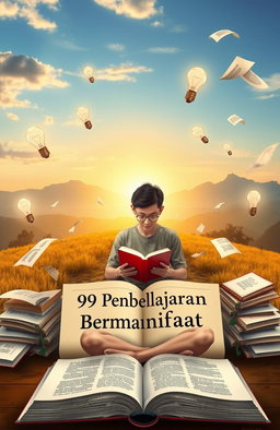 A thoughtful and inspiring scene depicting the essence of learning and achieving dreams, featuring an open book titled '99 Pembelajaran Bermanfaat' with a backdrop of a serene landscape