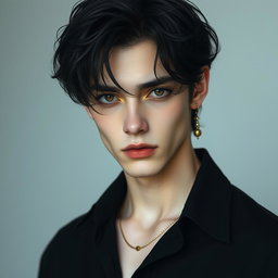 A male figure with black, wavy, slightly messy hair falling over his eyes