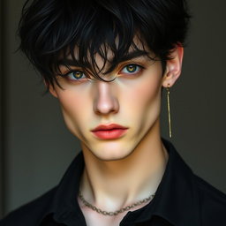 A male figure with black, wavy, slightly messy hair falling over his eyes