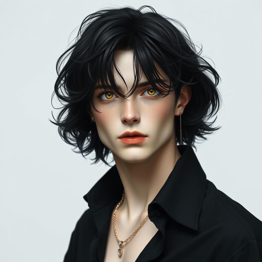 A male figure with black, wavy, slightly messy hair falling over his eyes