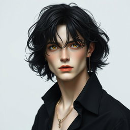 A male figure with black, wavy, slightly messy hair falling over his eyes