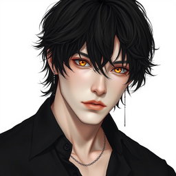 A male figure with black, wavy, slightly messy hair falling over his eyes