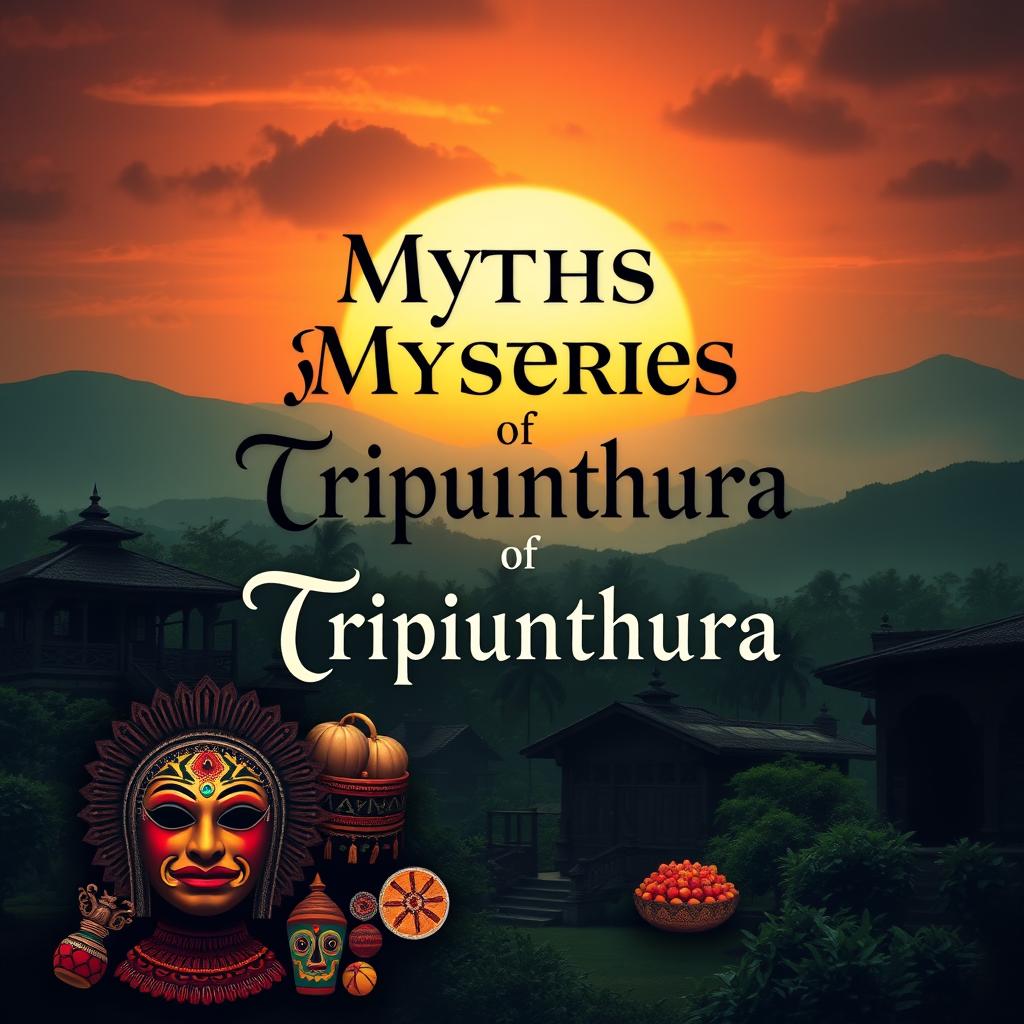 A captivating cover page design for a book titled "Myths and Mysteries of Tripunithura" featuring elements that highlight the rich cultural and historical significance of the village