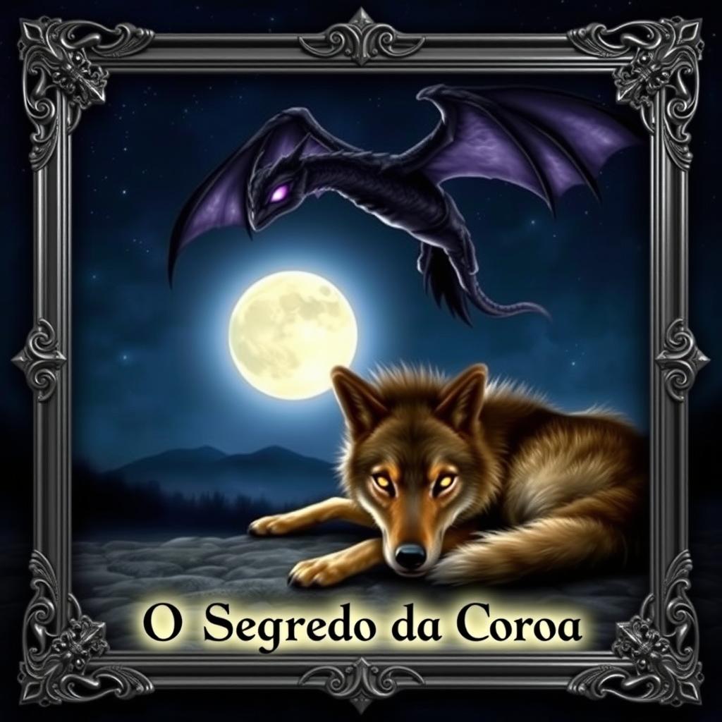 A captivating night scene featuring a wolf lying on the ground, its amber eyes glistening under the moonlight