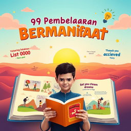 An uplifting and educational scene capturing the spirit of '99 Pembelajaran Bermanfaat', focused on achieving dreams