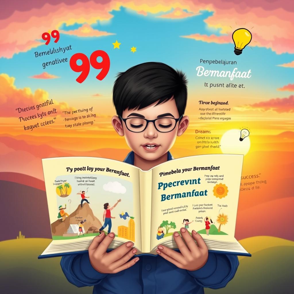 An uplifting and educational scene capturing the spirit of '99 Pembelajaran Bermanfaat', focused on achieving dreams