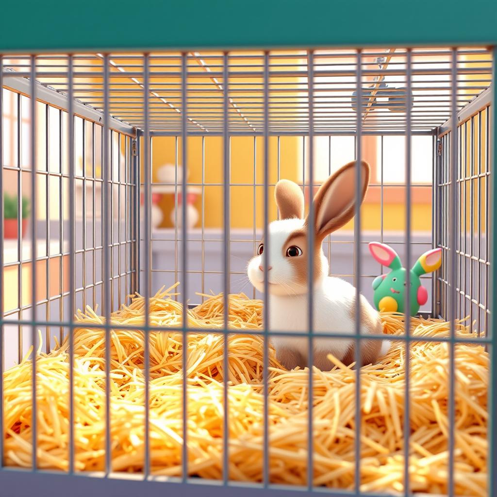 A 3D animated scene in Pixar style showcasing a spacious cage filled with soft straw, featuring a relaxed white and brown furry rabbit sitting comfortably inside