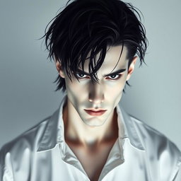 A male figure with slightly long, tangled black hair falling over his eyes