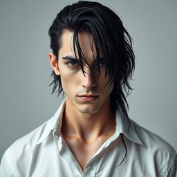 A male figure with slightly long, tangled black hair falling over his eyes